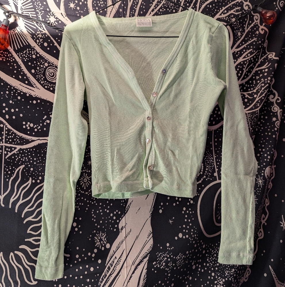 Retro Y2K Women's Pale Green Cardigan Size Small